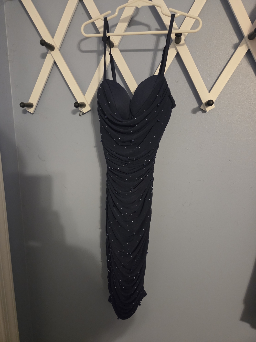 Navy Ruched Bodycon Dress with Sparkle Detail